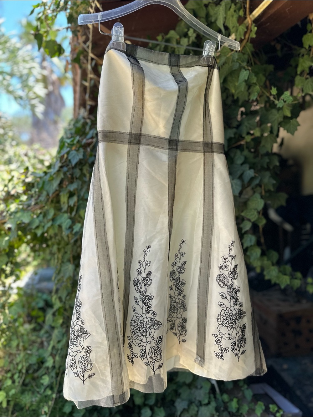 Women's Cream A-Line Strapless Dress with Black Floral Embroidery